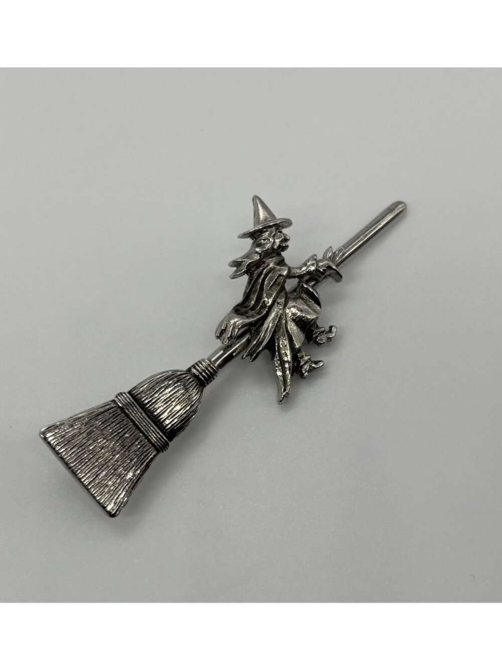 Witch Flying on Broomstick Pin Brooch Silver Tone Metal Oxidized Finish Detailed